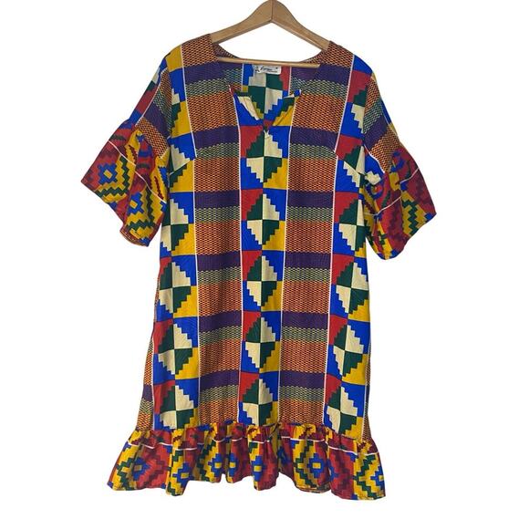 Lapogee African Print Kaftan Colorful Summer Dress Ruffles Size Medium - Picture 1 of 12